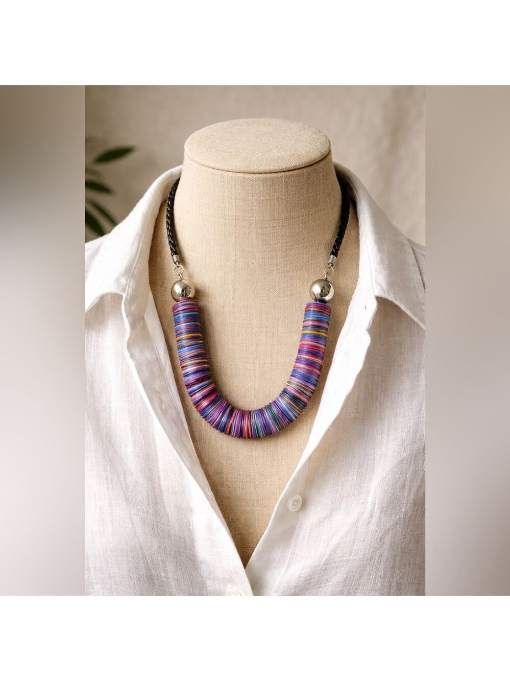 Vintage Heishi Shell Disc Necklace Multicolor Artisan Statement Boho Coastal Lux